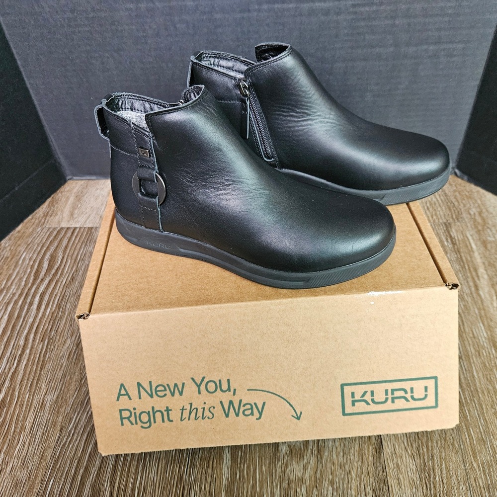 KURU Tempo Womens 7.5 Black Leather Ankle Boots Orthopedic Zip Booties